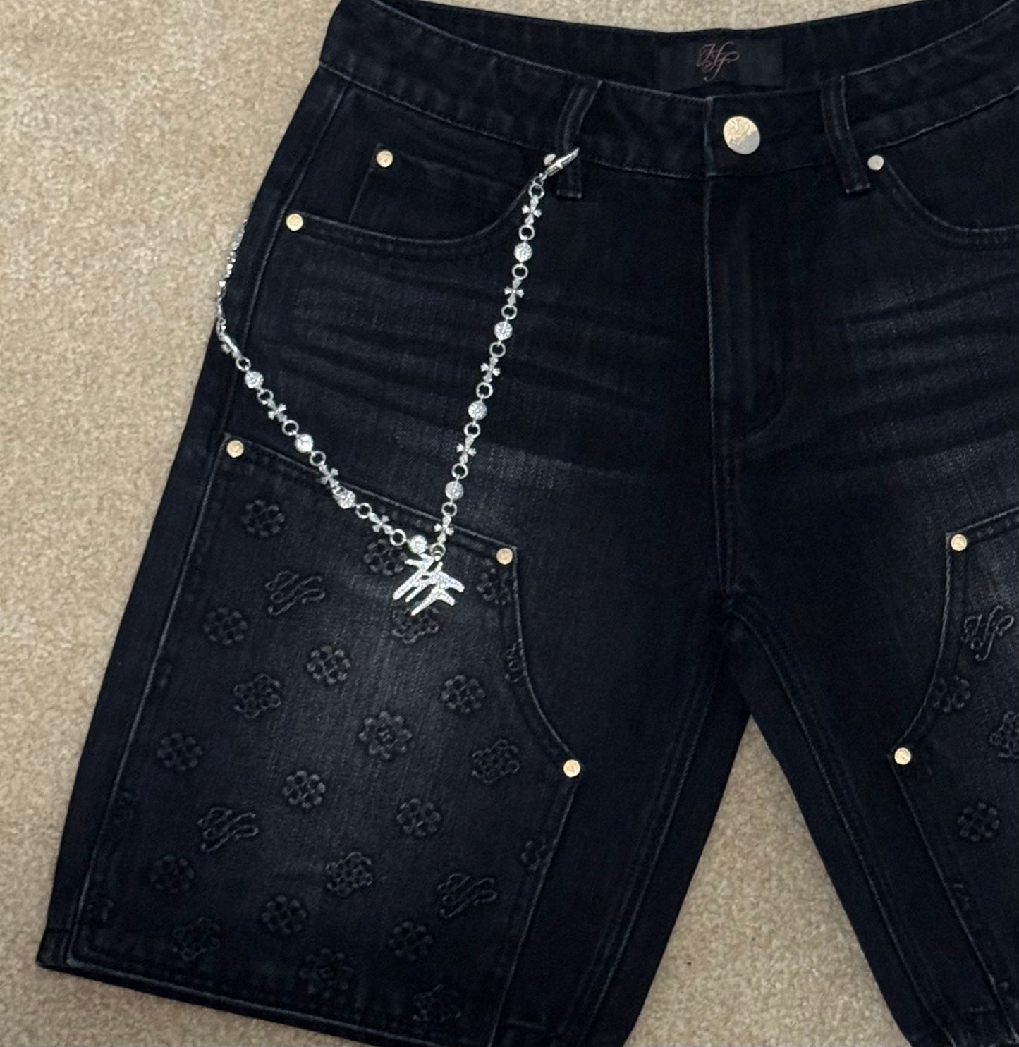 Hollywood Friends Black Denim Carpenter Shorts