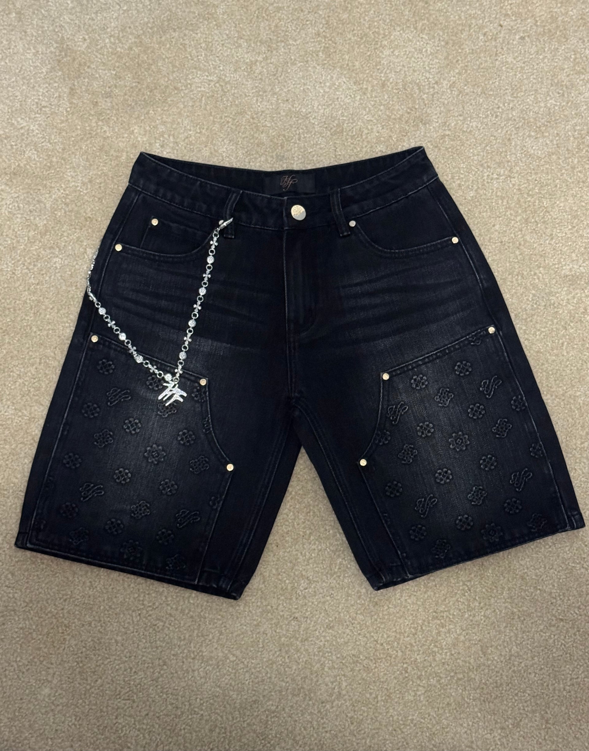 Hollywood Friends Stonewashed Black Denim Carpenter Shorts